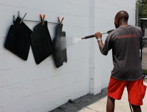 The mats are powerwashed to remove the residue from the eco friendly cleaning product